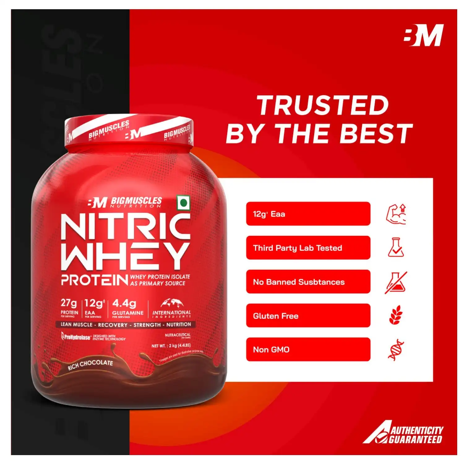 Bigmuscles Nutrition Nitric Whey Protein 2Kg 4.4 Lbs (Rich Chocolate) Nitric Whey Protein is an Isolate Whey Protein that takes the benefits of traditional whey protein to new heights. The advancement of protein in protein powder is designed to provide rapid nutrient delivery and maximize the body's protein absorption. Whey protein Isolate promotes rapid absorption and high biological value. It is an excellent protein supplement for building muscle, improving recovery, and supporting overall health.