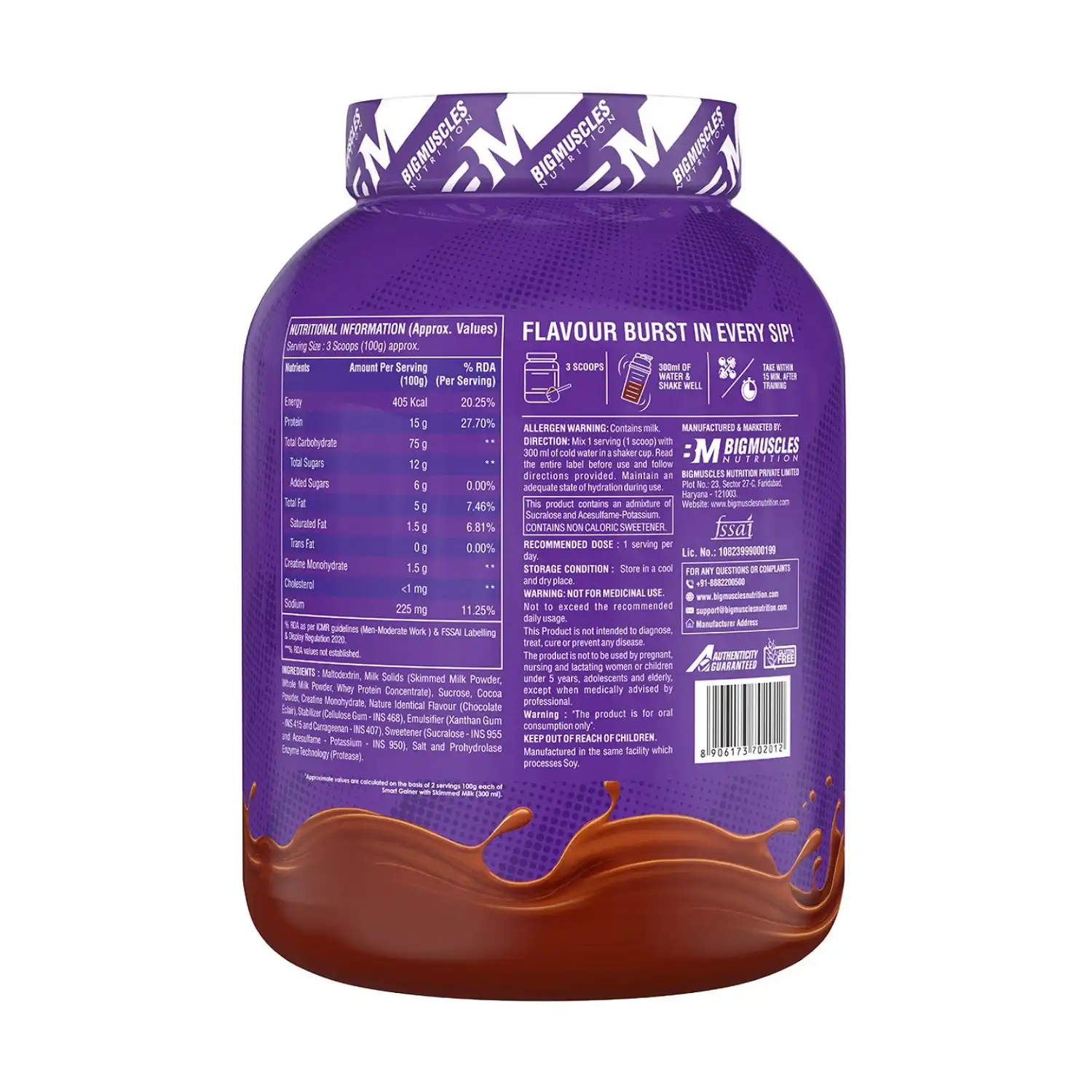 Bigmuscles Nutrition Smart Gainer 3Kg (Chocolate Eclir) Smart Gainer Premium Protein Carb & Creatine matrix gainer.Muscle growth, strength,Weight Gain & recovery.