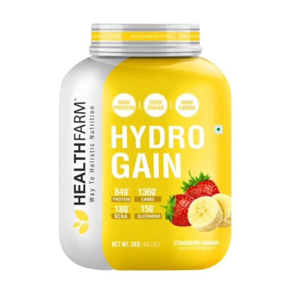Healthfarm Hydro Gain High Protein and High Carbs Mass Gainer, 3Kg,6.6lbs(Strawberry Banana)