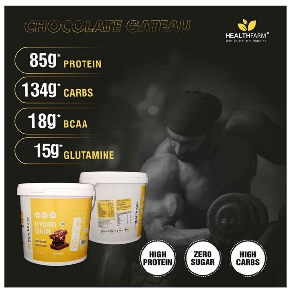Healthfarm Hydro Gain High Protein and High Carbs Mass Gainer, 5Kg,11lbs (Chocolate Gateau) 3