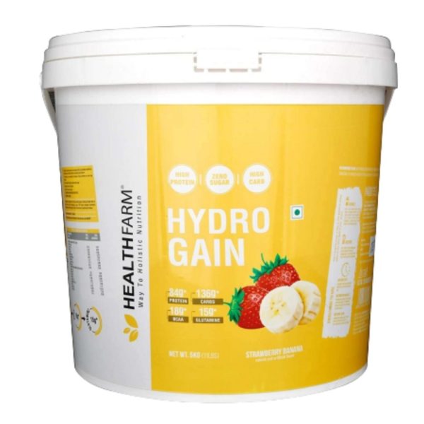 Healthfarm Hydro Gain High Protein and High Carbs Mass Gainer, 5Kg,11lbs(Strawberry Banana)