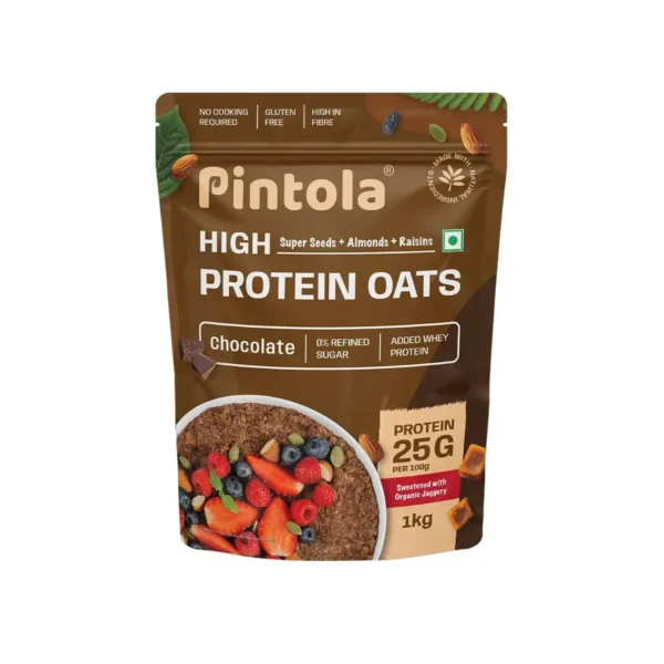 PINTOLA 22g High Protein Oats 1kg, Dark Chocolate,No Refined Sugar, with Almonds Raisin, Pumpkin and Chia Seeds, 8g Fibre, Rolled Oats, Breakfast Cereals | Gluten Free