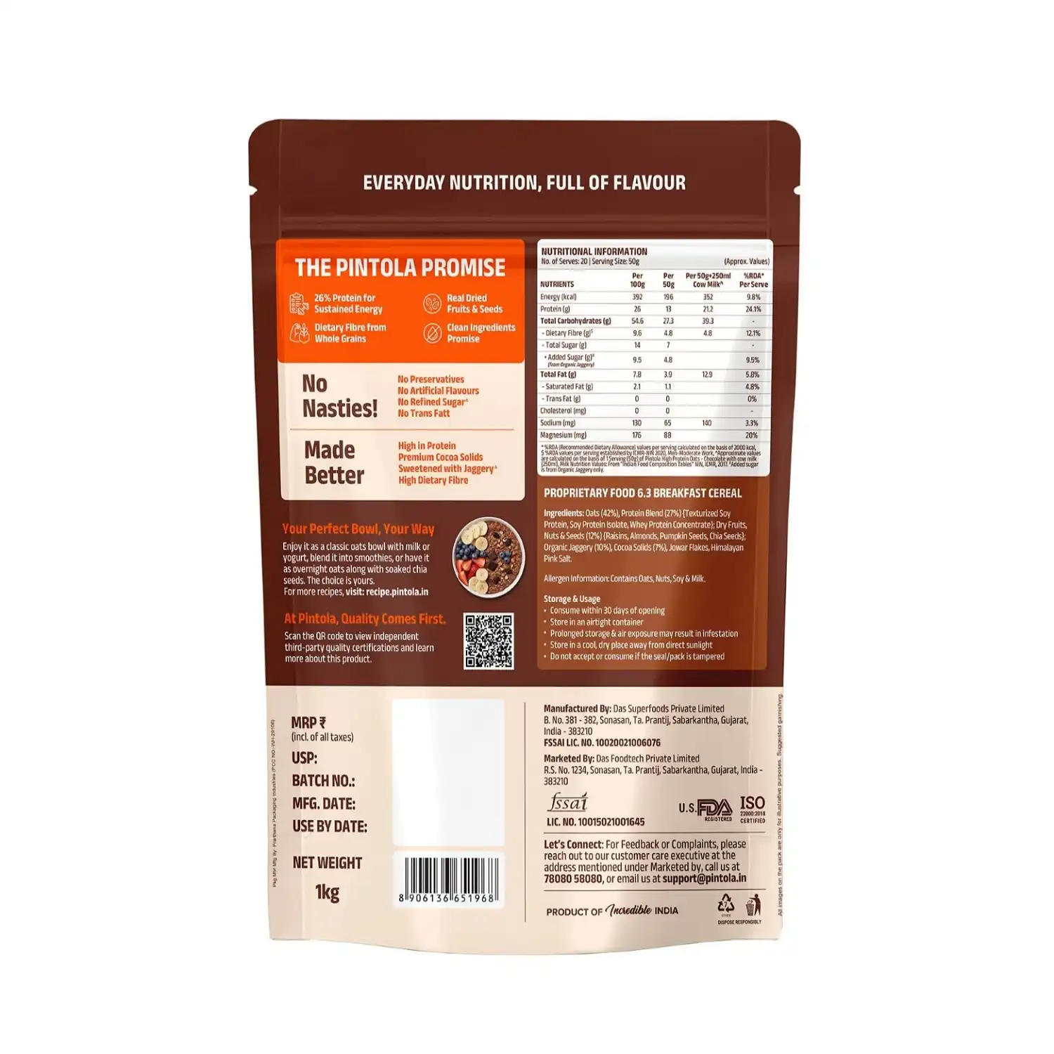 Pintola 26g High Protein Oats 1kg,Dark Chocolate Pintola 26g High Protein Oats 1kg,Dark Chocolate 2