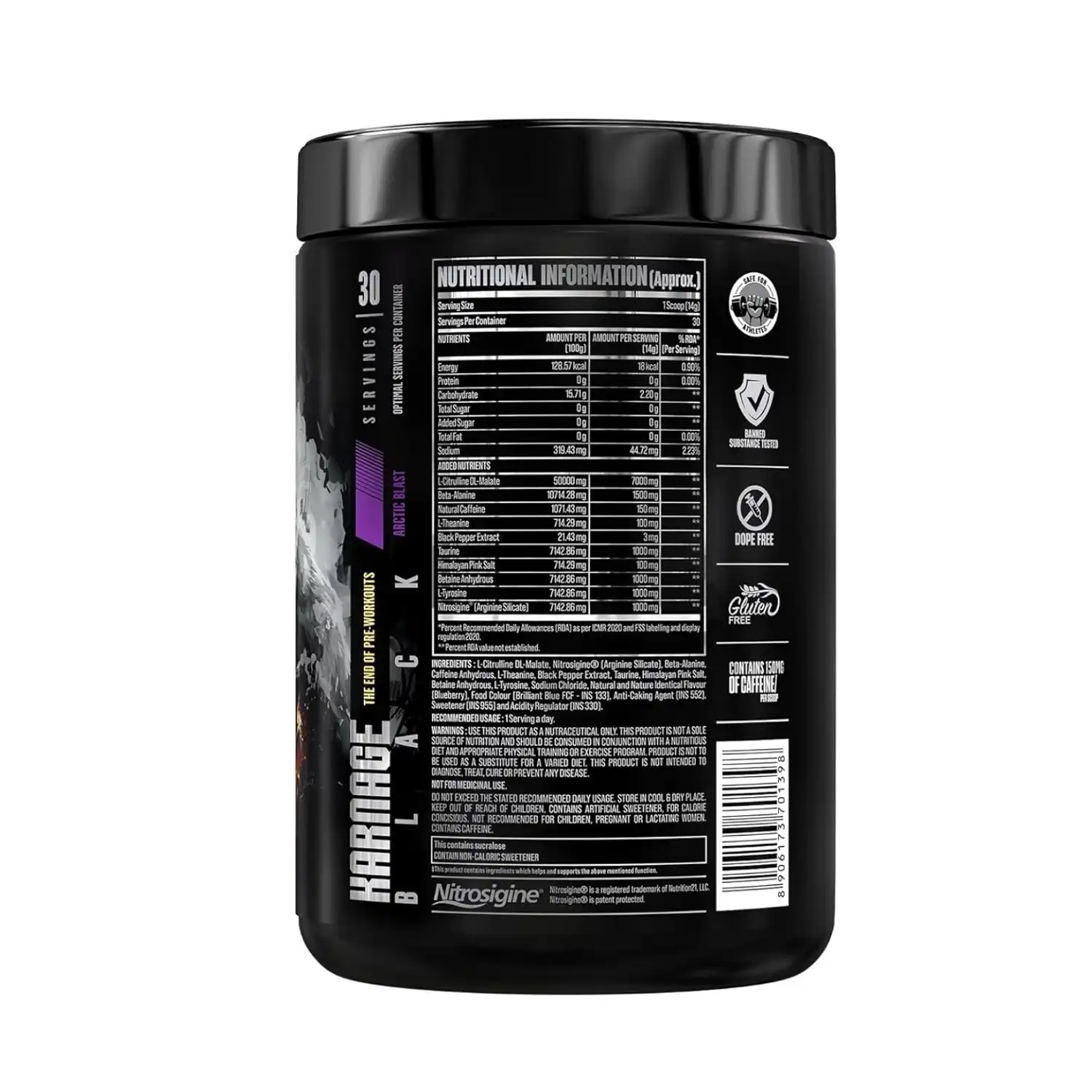 Bigmuscles Nutrition Karnage Black Preworkout 420g (Arctic Blast) End of Pre-Workouts: Karnage Black has been formulated to boost your workout performance from every angle possible. This pre workout will deliver intense and long-lasting energy, skin-tearing muscle pumps, laser focus, and explosive power. And the best thing is that once Karnage Black wears off; it won't leave you feeling fatigued - there is no crash! You will not be disappointed by the potency of Karnage Black