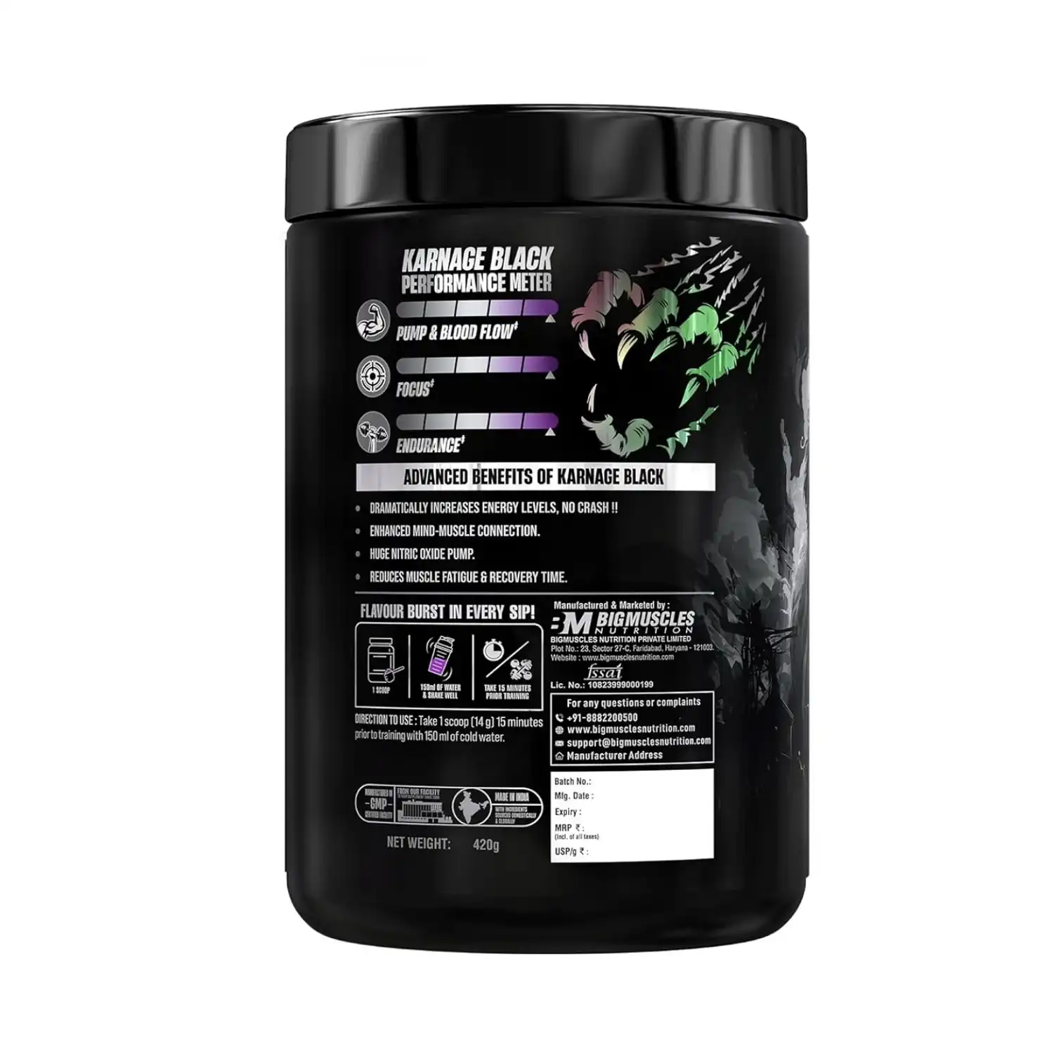 Bigmuscles Nutrition Karnage Black Preworkout 420g (Arctic Blast) End of Pre-Workouts: Karnage Black has been formulated to boost your workout performance from every angle possible. This pre workout will deliver intense and long-lasting energy, skin-tearing muscle pumps, laser focus, and explosive power. And the best thing is that once Karnage Black wears off; it won't leave you feeling fatigued - there is no crash! You will not be disappointed by the potency of Karnage Black
