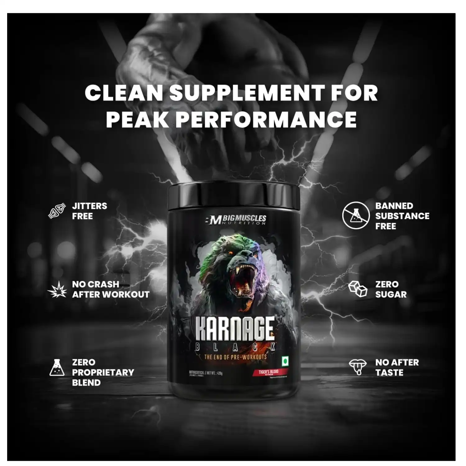 Bigmuscles Nutrition Karnage Black Preworkout 420g (Arctic Blast) End of Pre-Workouts: Karnage Black has been formulated to boost your workout performance from every angle possible. This pre workout will deliver intense and long-lasting energy, skin-tearing muscle pumps, laser focus, and explosive power. And the best thing is that once Karnage Black wears off; it won't leave you feeling fatigued - there is no crash! You will not be disappointed by the potency of Karnage Black