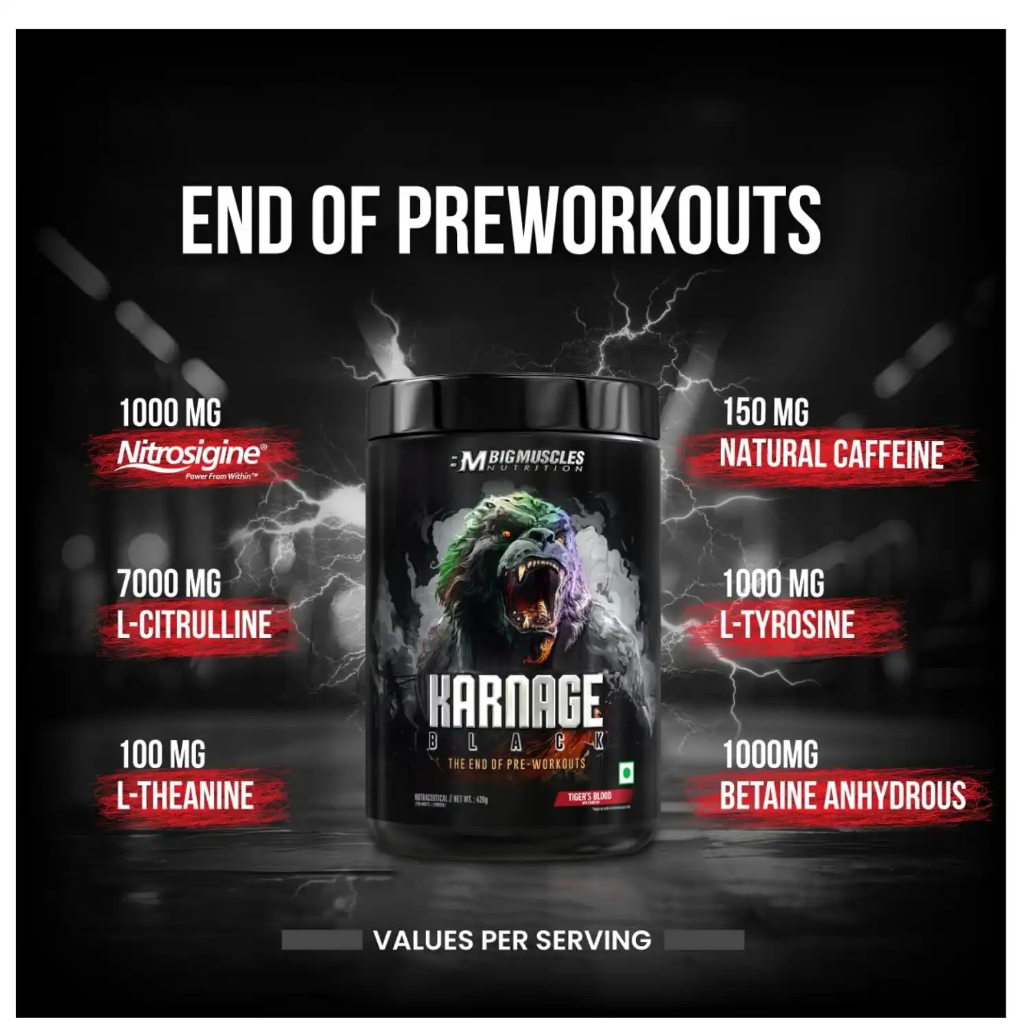 Bigmuscles Nutrition Karnage Black Preworkout 420g (Arctic Blast) End of Pre-Workouts: Karnage Black has been formulated to boost your workout performance from every angle possible. This pre workout will deliver intense and long-lasting energy, skin-tearing muscle pumps, laser focus, and explosive power. And the best thing is that once Karnage Black wears off; it won't leave you feeling fatigued - there is no crash! You will not be disappointed by the potency of Karnage Black