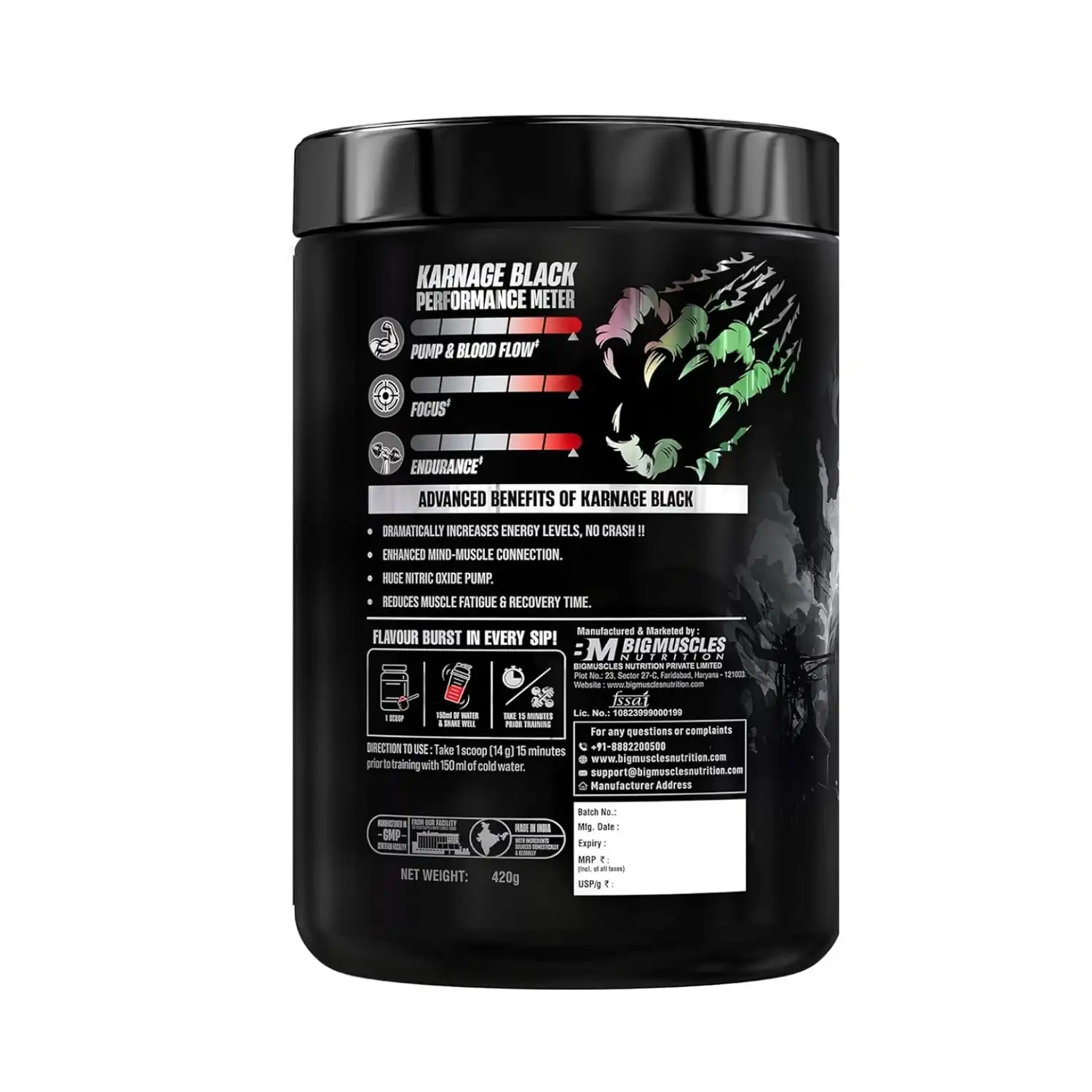 Bigmuscles Nutrition Karnage Black Preworkout 420g (Sex On The Beach) End of Pre-Workouts: Karnage Black has been formulated to boost your workout performance from every angle possible. This pre workout will deliver intense and long-lasting energy, skin-tearing muscle pumps, laser focus, and explosive power. And the best thing is that once Karnage Black wears off; it won't leave you feeling fatigued - there is no crash! You will not be disappointed by the potency of Karnage Black