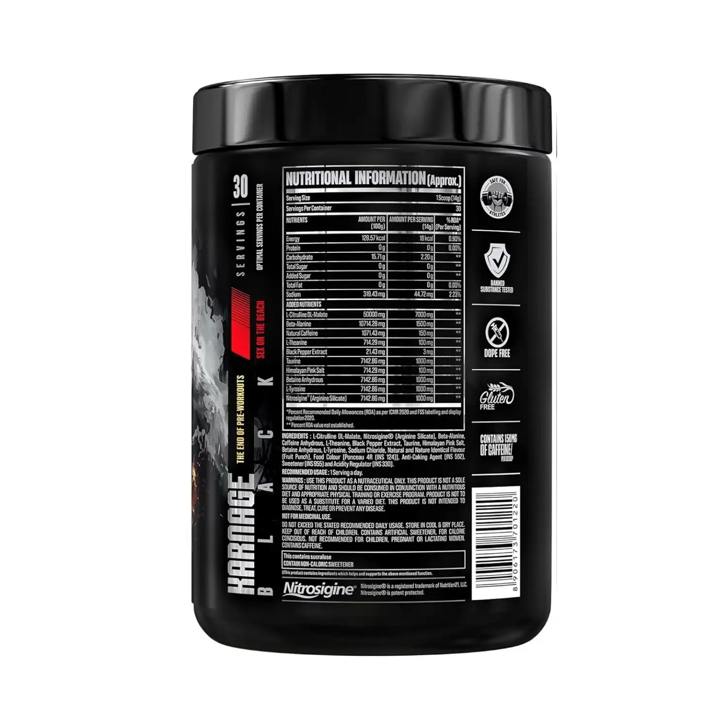 Bigmuscles Nutrition Karnage Black Preworkout 420g (Sex On The Beach) End of Pre-Workouts: Karnage Black has been formulated to boost your workout performance from every angle possible. This pre workout will deliver intense and long-lasting energy, skin-tearing muscle pumps, laser focus, and explosive power. And the best thing is that once Karnage Black wears off; it won't leave you feeling fatigued - there is no crash! You will not be disappointed by the potency of Karnage Black