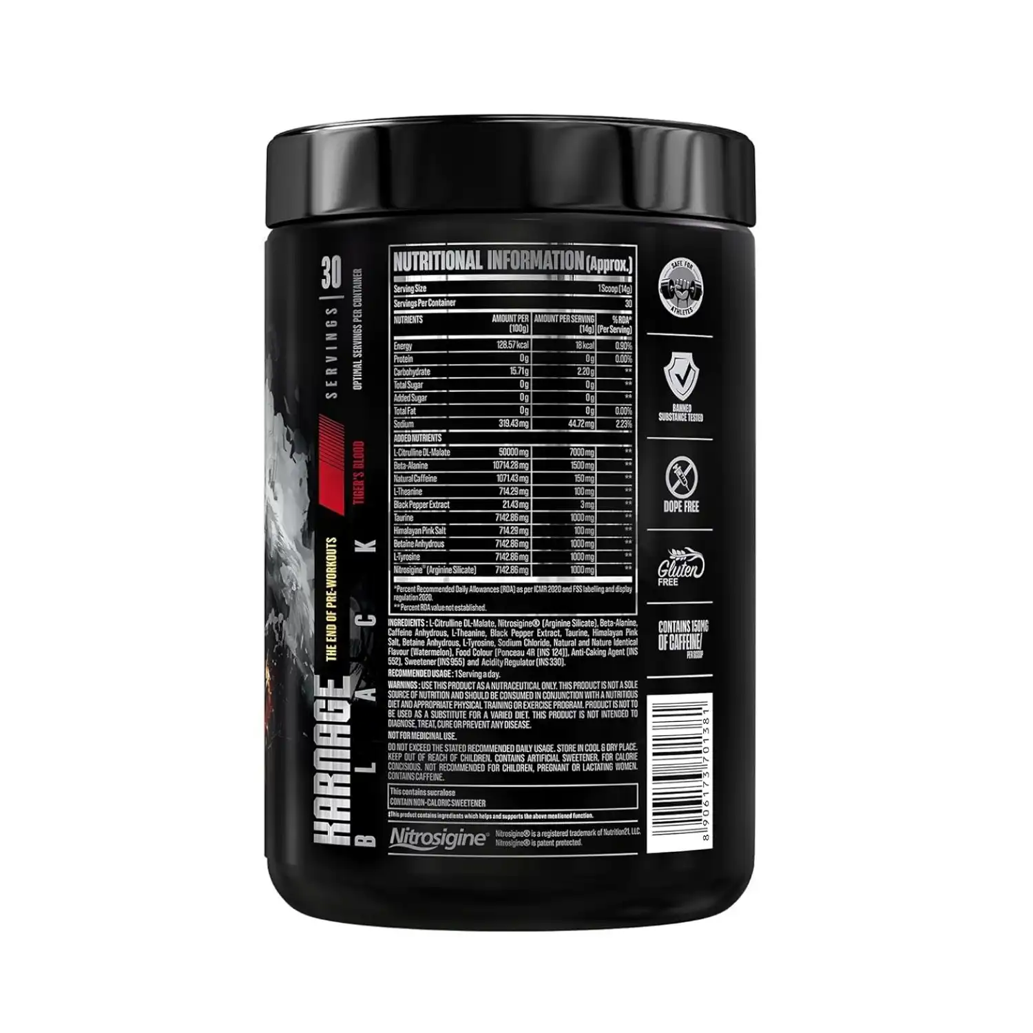 Bigmuscles Nutrition Karnage Black Preworkout 420g (Tiger’s Blood) End of Pre-Workouts: Karnage Black has been formulated to boost your workout performance from every angle possible. This pre workout will deliver intense and long-lasting energy, skin-tearing muscle pumps, laser focus, and explosive power. And the best thing is that once Karnage Black wears off; it won't leave you feeling fatigued - there is no crash! You will not be disappointed by the potency of Karnage Black