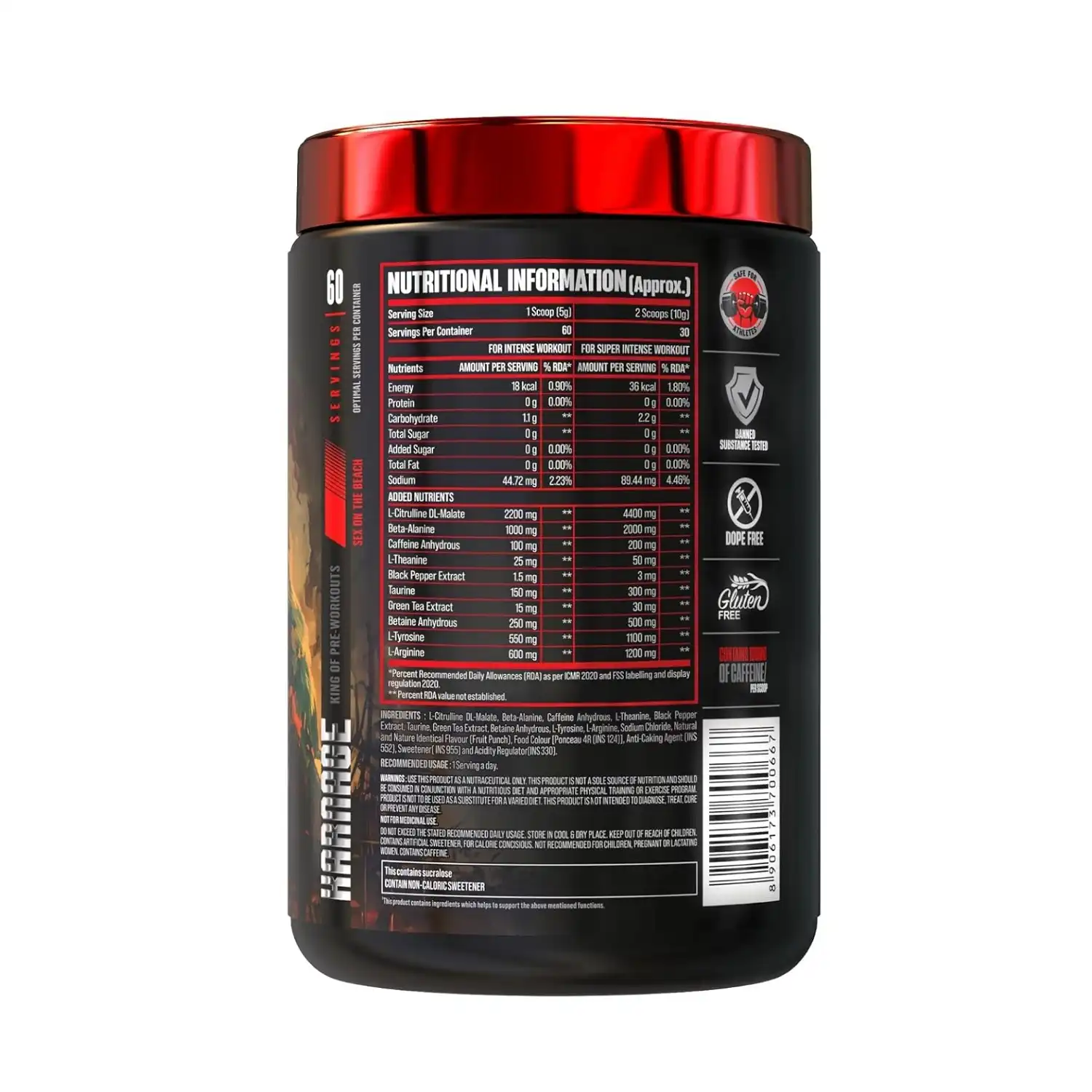 Bigmuscles Nutrition Karnage Pre workout 300g 60 Servings (Sex On the Beach) No Crash No Proprietary Blend No After Taste No Jitters Zero Sugar and Fat