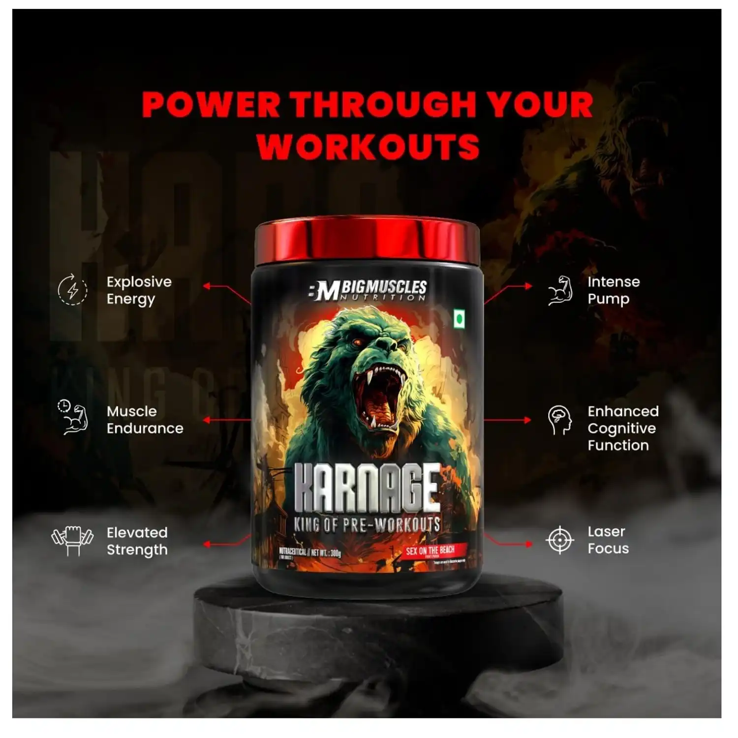 Bigmuscles Nutrition Karnage Pre workout 300g 60 Servings (Sex On the Beach) No Crash No Proprietary Blend No After Taste No Jitters Zero Sugar and Fat