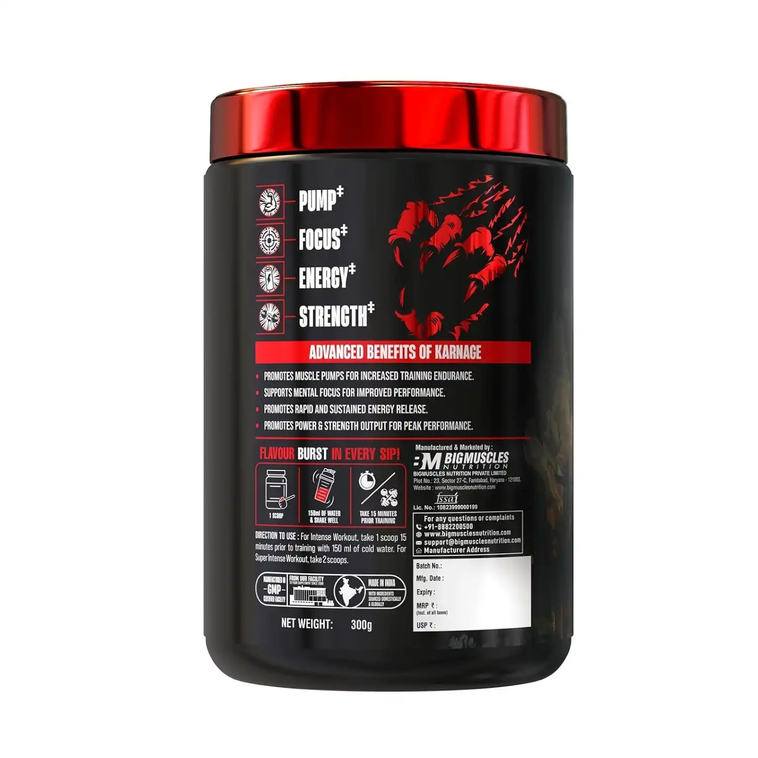 Bigmuscles Nutrition Karnage Pre workout 300g 60 Servings (Watermelon Lime) No Crash No Proprietary Blend No After Taste No Jitters Zero Sugar and Fat