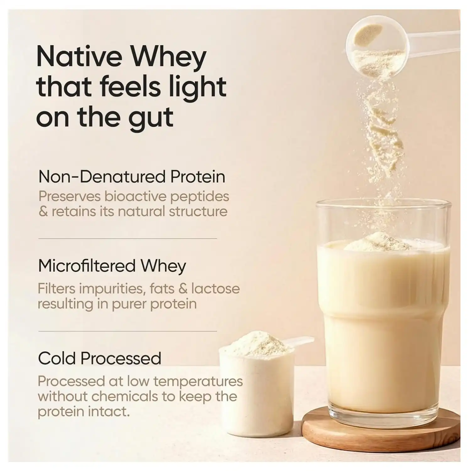 Wellbeing Nutrition Clean Whey Protein Isolate 1kg Unflavoured Native whey is extracted directly from milk using cold processing that preserves its natural 3 dimensional protein structure and bioactive fractions such as β lactoglobulin, α lactalbumin, lactoferrin, and immunoglobulins. With this structure intact, digestive enzymes can act efficiently in the stomach and small intestine, allowing amino acids to be released early and used effectively for muscle support. This reduces the amount of undigested protein reaching the colon, limiting fermentation and bloating. The outcome is smoother digestion kinetics and better tolerance compared to heavily processed whey.