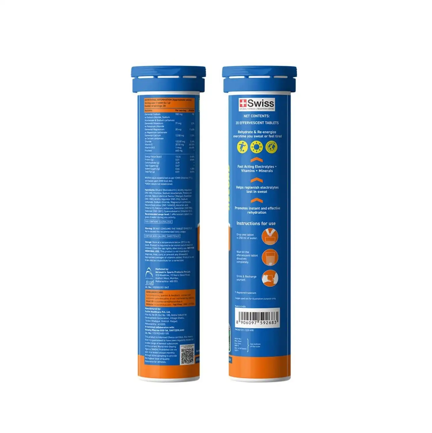 Fast&Up Reload Low Sugar Instant Hydration Drink Mango 20 tablets (5 Litres) Added Vitamin C and B12 helps combat fatigue and keeps you energized throughout the day
