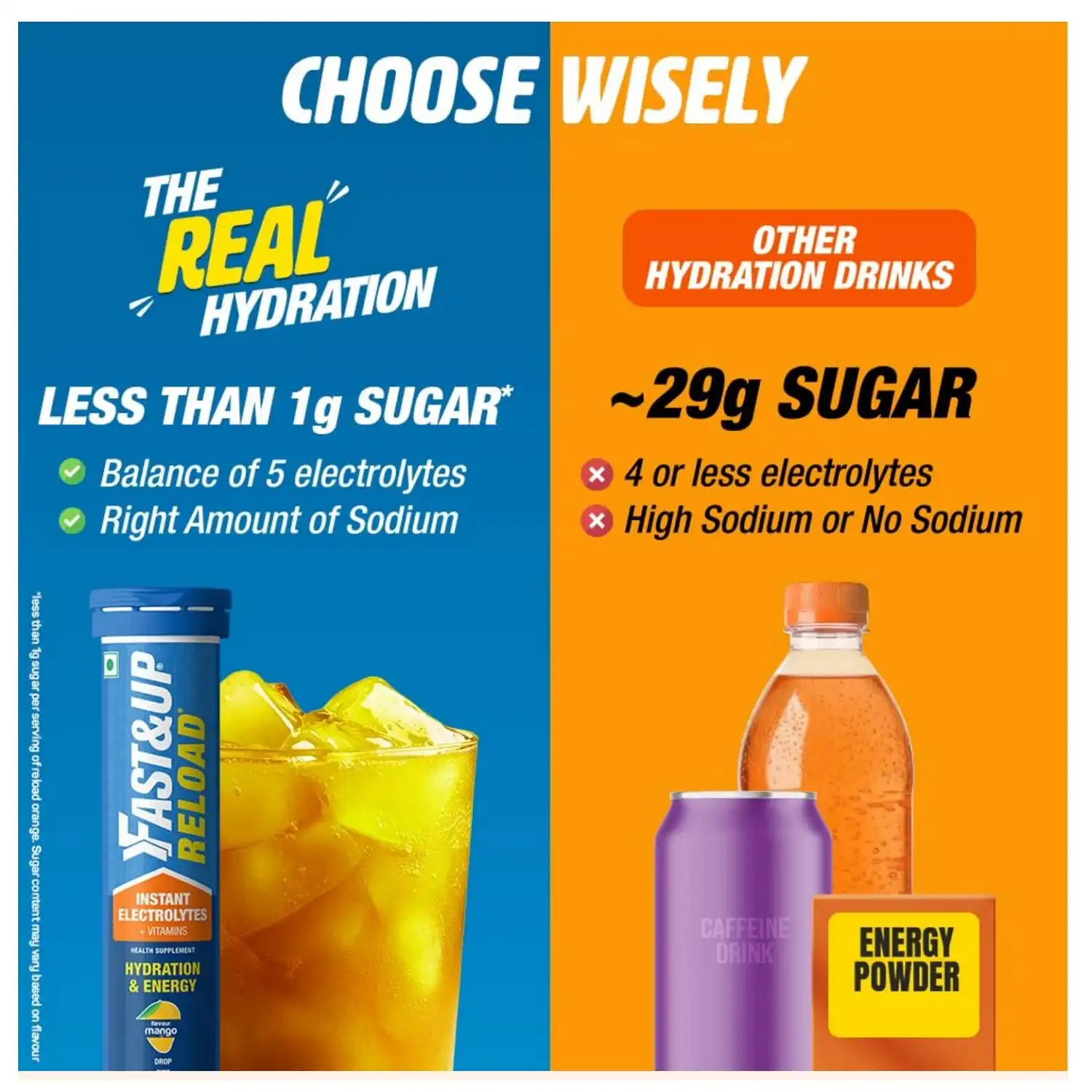 Fast&Up Reload Low Sugar Instant Hydration Drink Mango 20 tablets (5 Litres) Added Vitamin C and B12 helps combat fatigue and keeps you energized throughout the day