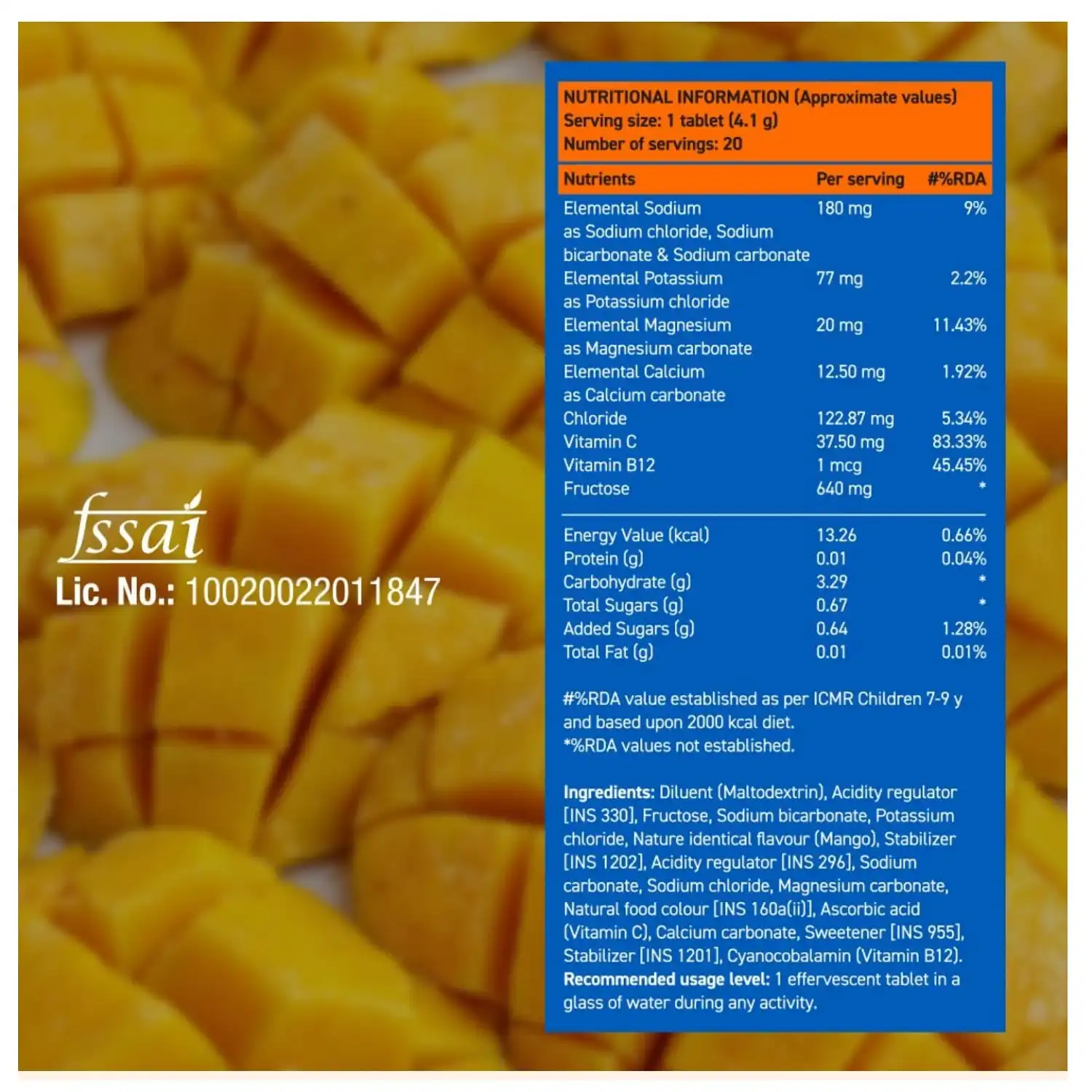 Fast&Up Reload Low Sugar Instant Hydration Drink Mango 20 tablets (5 Litres) Added Vitamin C and B12 helps combat fatigue and keeps you energized throughout the day