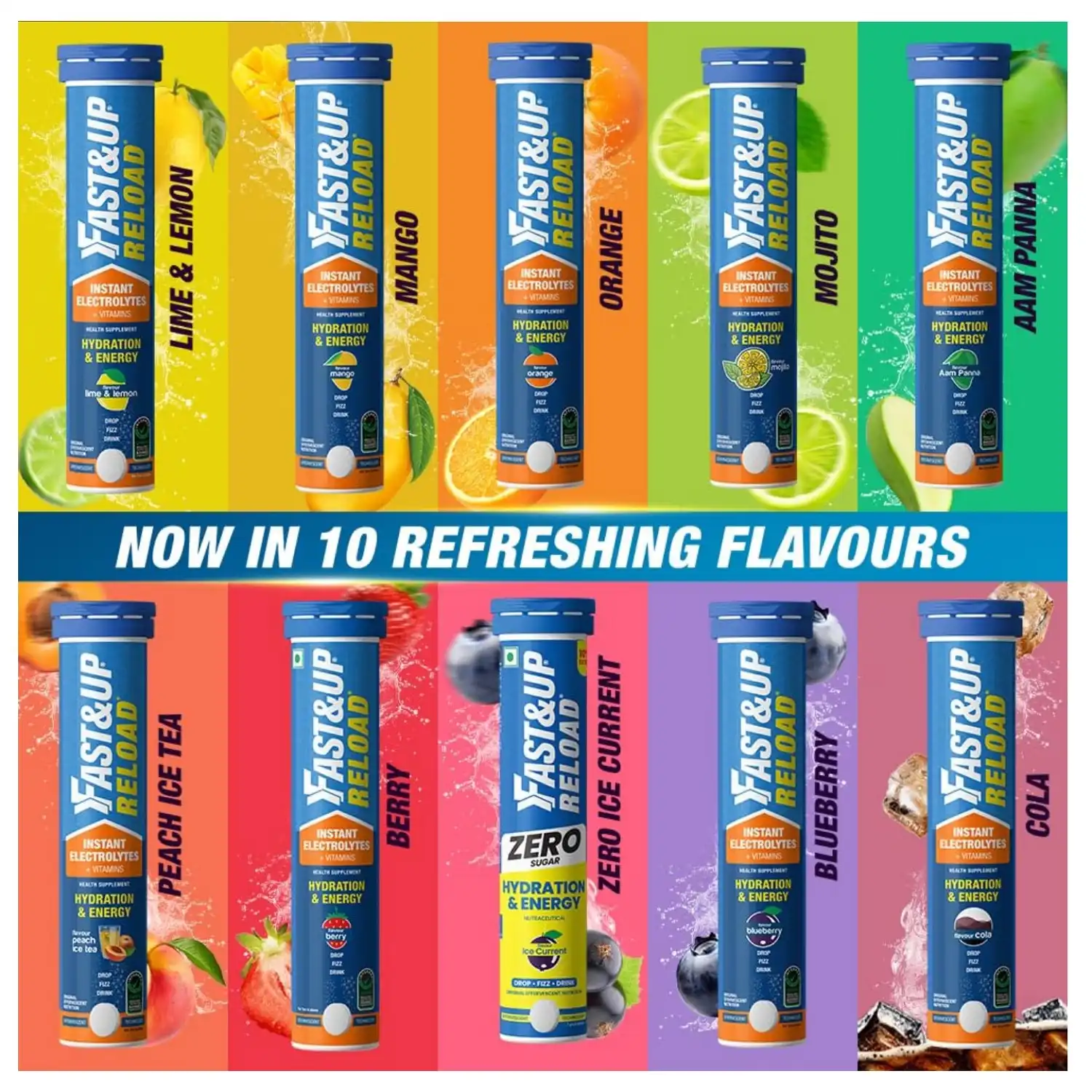 Fast&Up Reload Low Sugar Instant Hydration Drink Mango 20 tablets (5 Litres) Added Vitamin C and B12 helps combat fatigue and keeps you energized throughout the day
