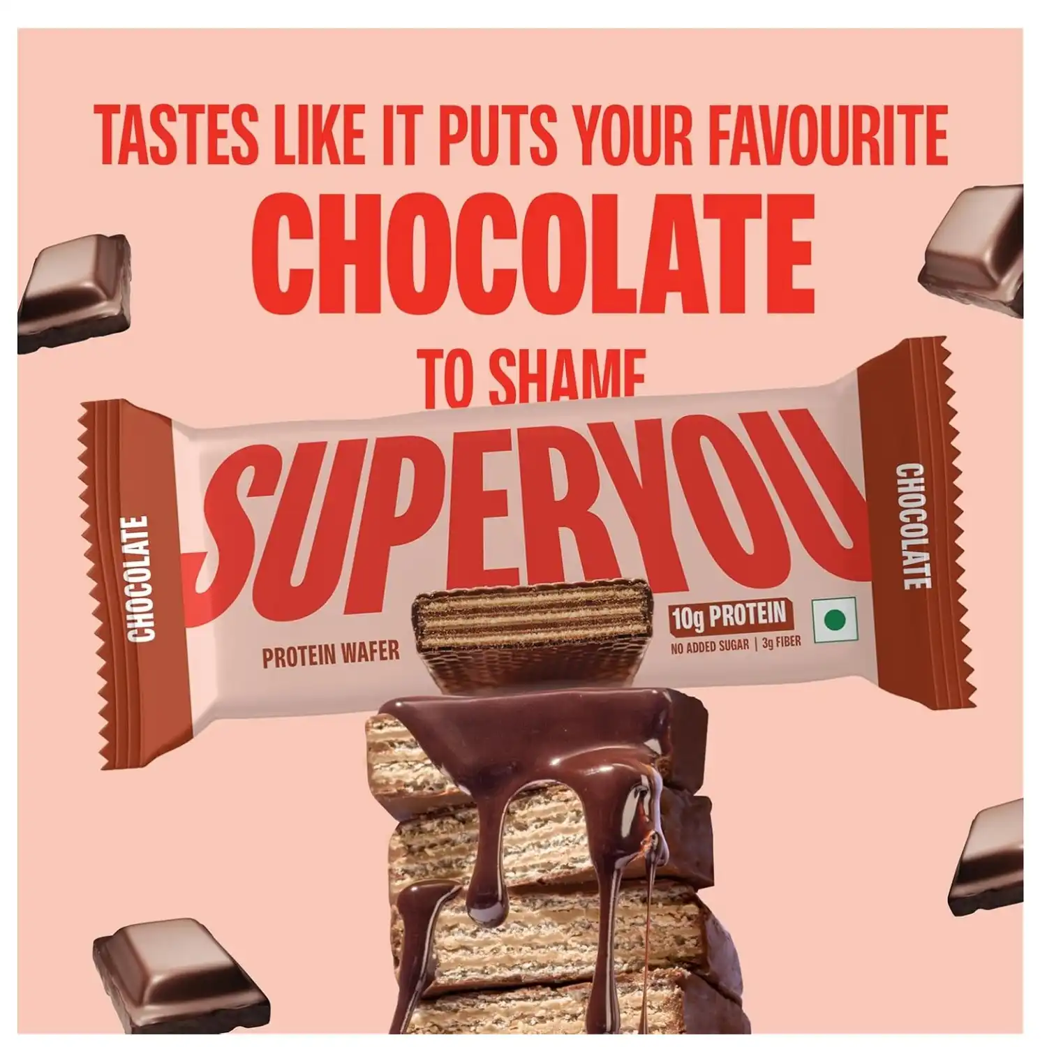 Superyou Protein Wafer Bars Chocolate (Pack of 10) 10g Protein, 3g Fiber, No Added Sugar|Yeast Fermented Protein|Energy Bars|Crunchy Wafer Bar|100% Vegetarian|No Palm Oil|400g