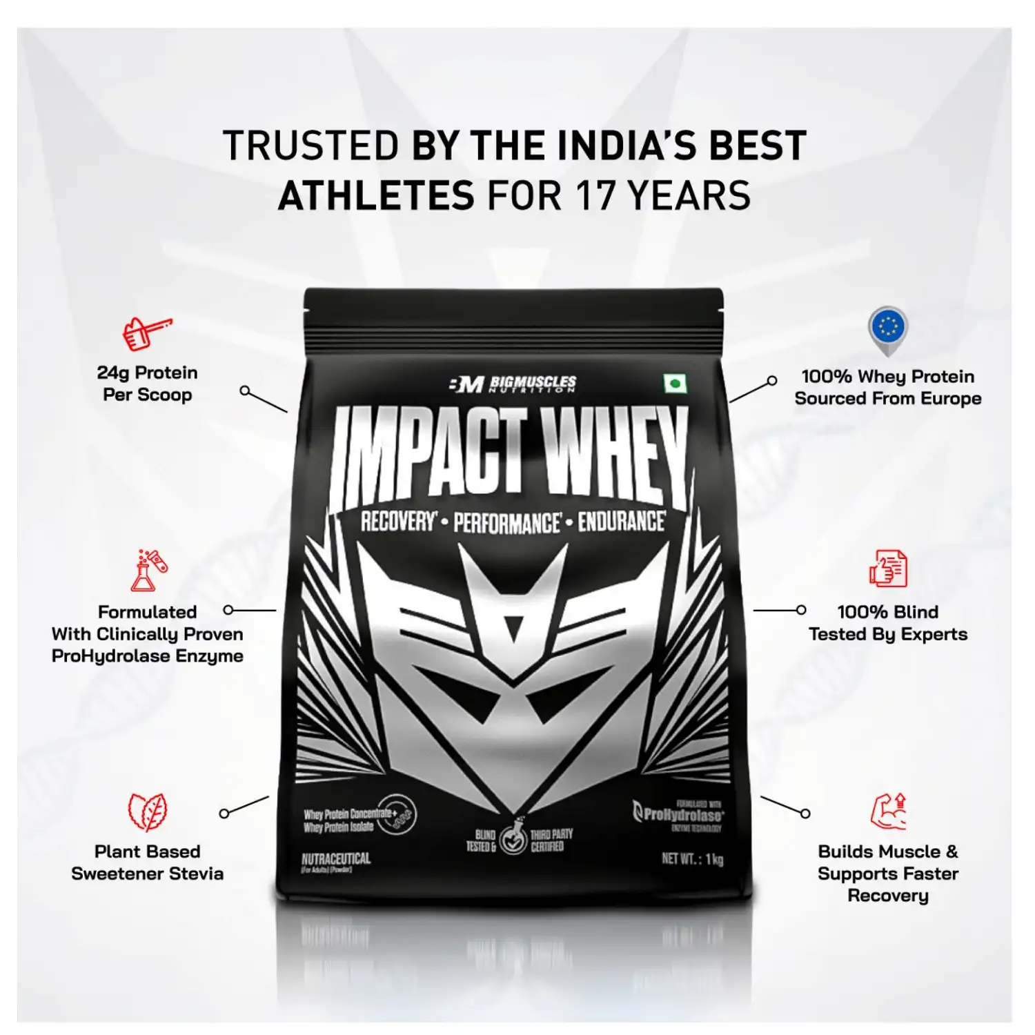 Big Muscles Nutrition Impact Whey Protein 1Kg (Belgian Choclate) BigMuscles Impact Whey is designed for individuals who want clean everyday performance nutrition without compromise. Formulated with high-quality whey proteins and advanced ProHydrolase® enzyme technology, it helps support muscle recovery, lean muscle growth, endurance, and better protein absorption. With every serving, you get 24g protein and a cleaner formula built to support consistent training, active lifestyles, and daily performance goals.